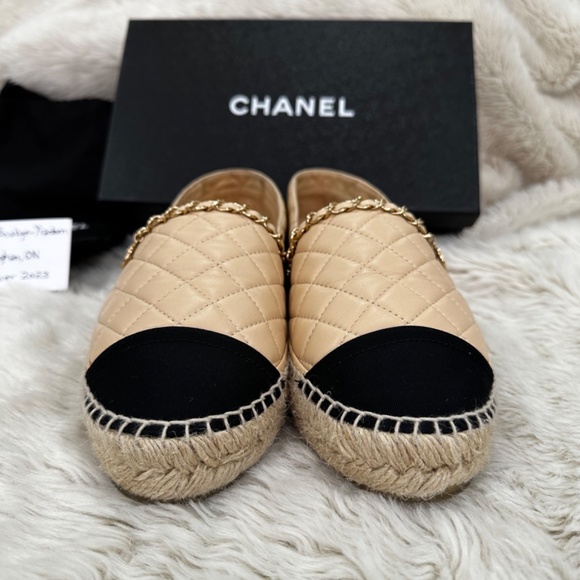 Chanel Beige & Black Chain Quilted Leather Espadrilles - Picture 6 of 14
